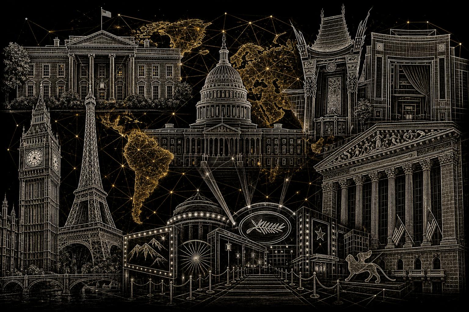 Illustrated map of iconic venues where The 2050 Group runs campaigns — from the Dolby Theatre and the U.S. Capitol to Cannes, Telluride, and Jerusalem